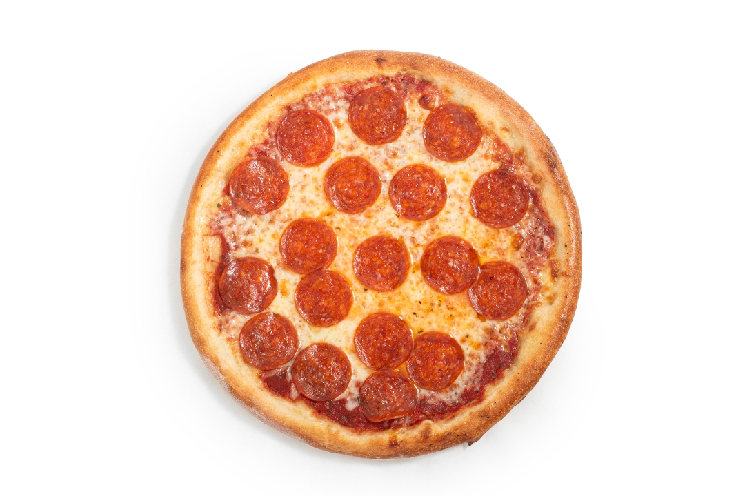 Large pepperoni pizza photographed on a white background