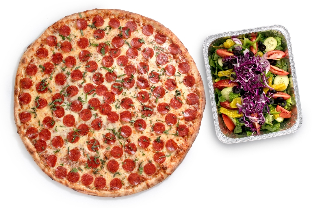 Pizza and salad tray prepared for a group catering order